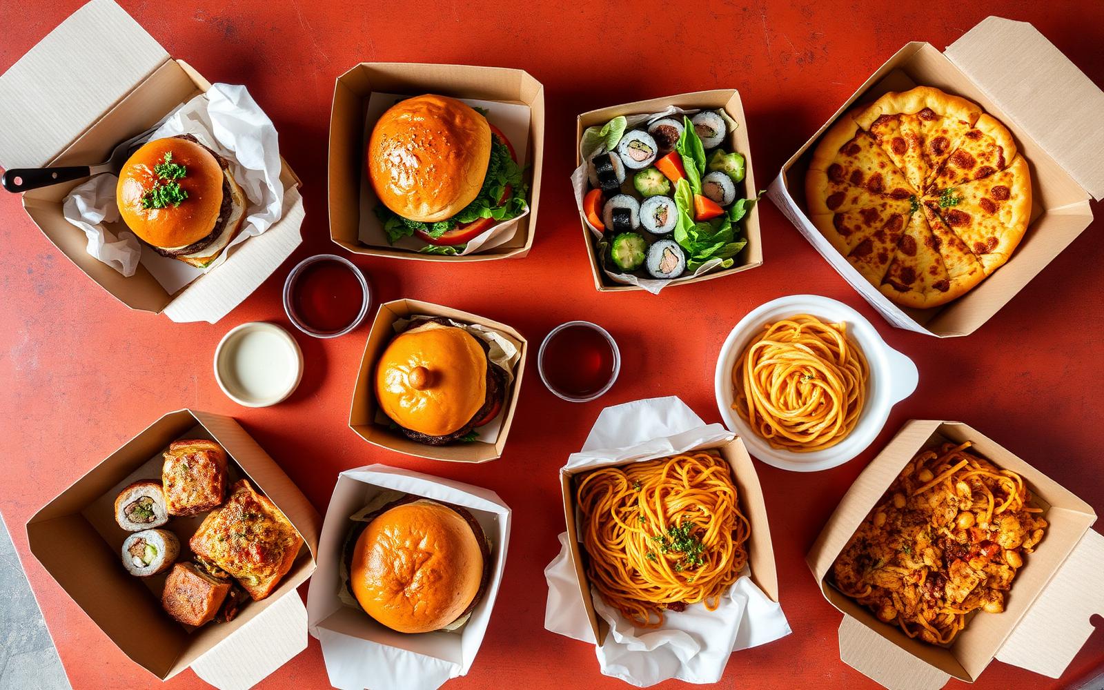 Bovenaanzicht van afhaalmaaltijden: burgers, sushi, pizza en noedels